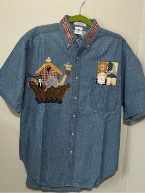Noah’s Ark chambray embroidered button up shirt NWOT